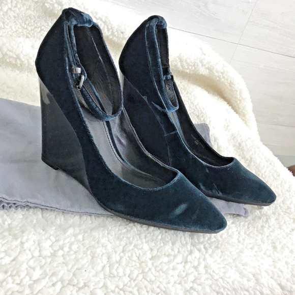 7FAM Peacock Teal Crushed Velvet Patent Wedge Heel - Picture 5 of 8